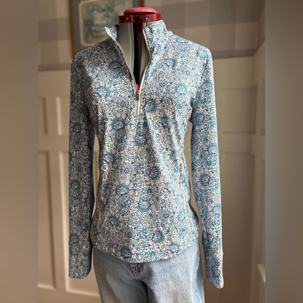 Laura Ashley Blue Floral Zip-Front Long Sleeve Top Romantic Athletic Large